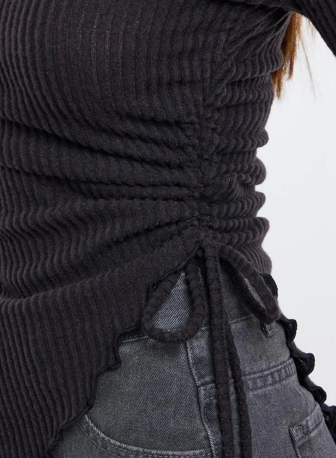 Styli Black Ribbed Tie-Side Long Sleeve Top