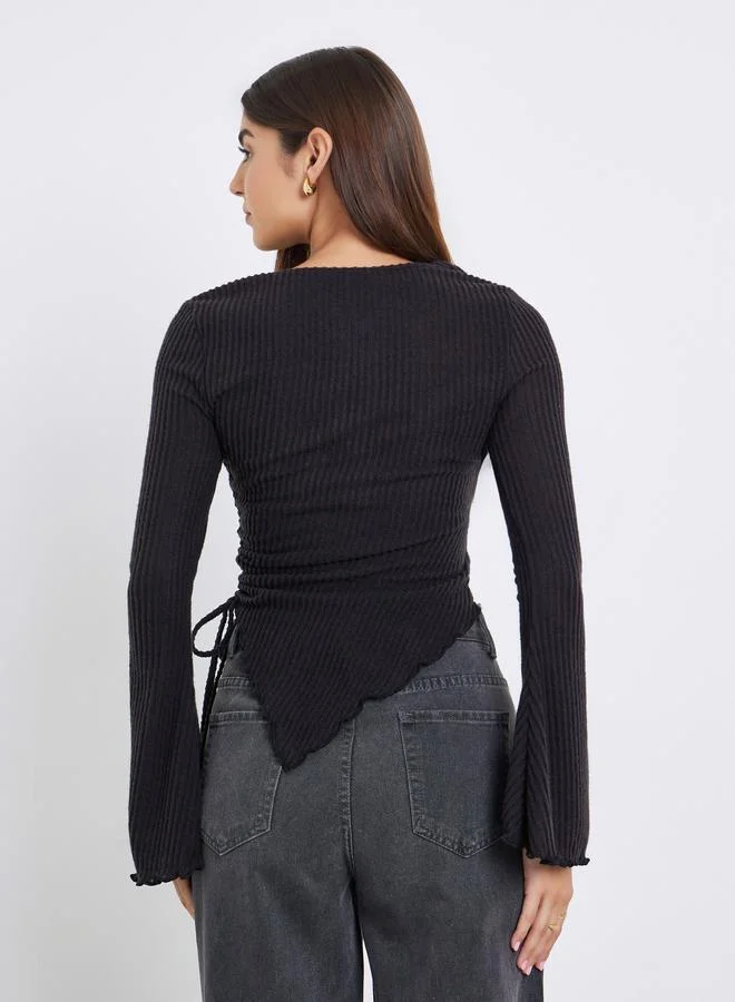 Styli Black Ribbed Tie-Side Long Sleeve Top