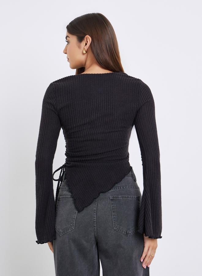 ستايلي بلوزة أسود مضلع بأكمام طويلة مع رباط جانبي - Image 4