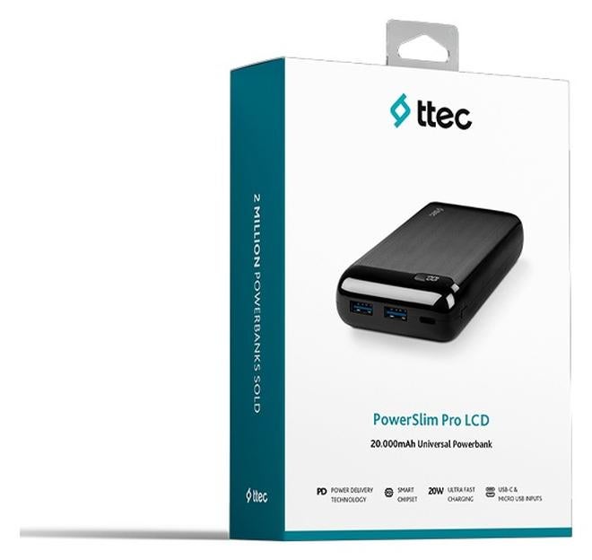 ttec PowerSlim LCD PD 20.000 mAh 20W Powerbank With USB-C Input/Output-Black - Image 1