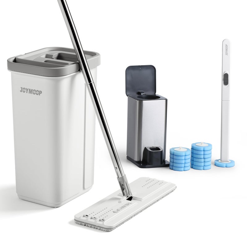 JOYMOOP White Flat Mop & Bucket with 1 Microfiber Pad, 12 Disposable Toilet Brushes, Stainless Steel Toilet Brush and Holder Set, Multi-Functional Cleaner for Floors, Windows, and Toilets - Image 1