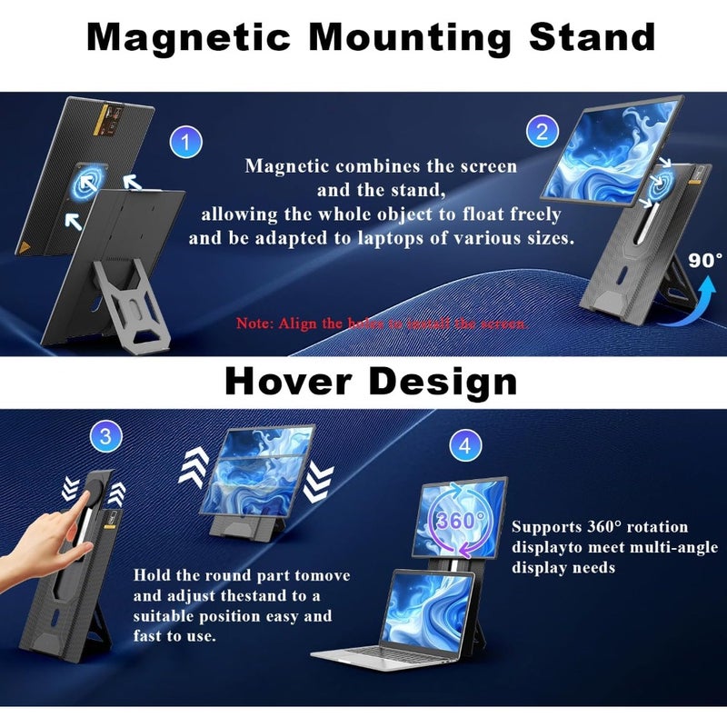 Laptop Screen Extender, FHD 1200P IPS Portable Monitor with Height-Adjustable 360° Magnetic Stand, Ultra-Thin Dual Display for Mac/Windows/Chrome 13-17.3" Laptops,VESA Mountable - Image 4