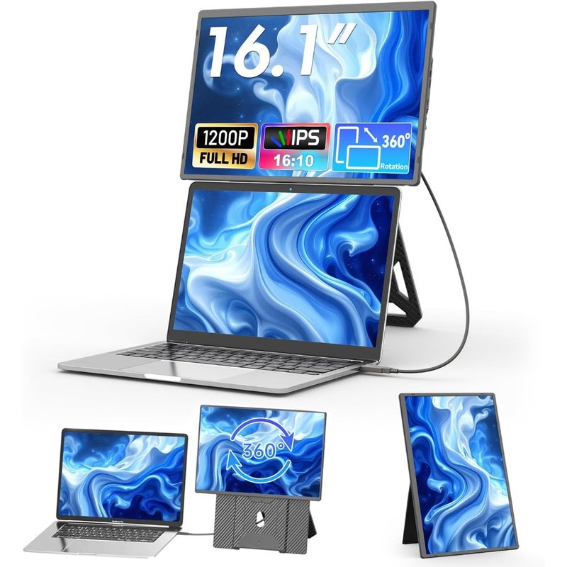 Laptop Screen Extender, FHD 1200P IPS Portable Monitor with Height-Adjustable 360° Magnetic Stand, Ultra-Thin Dual Display for Mac/Windows/Chrome 13-17.3" Laptops,VESA Mountable - Image 1