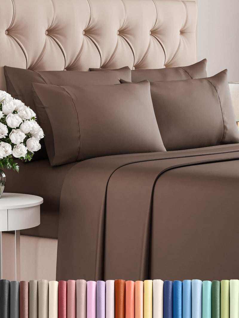 CGK Unlimited Queen Sheets Set 6 Piece - Includes 4 Pillowcases - Bed Sheets Queen Size - Soft Hotel Luxury Bedding - Cooling, Comfy, Cozy & Breathable - 1 Flat & 1 Fitted & 4 Pillowcases w/ Deep Pockets - Brown - Image 1