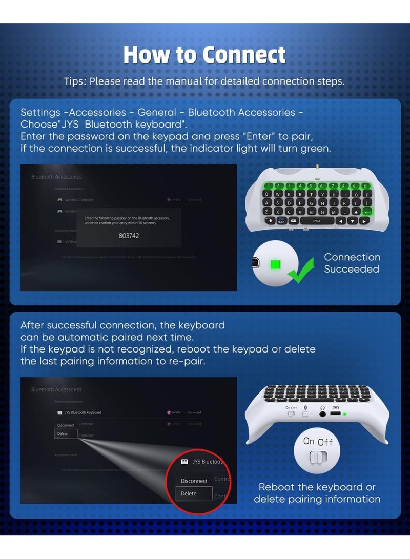 جاي واي إس لوحة مفاتيح وحدة تحكم لاسلكية لجهاز PS5، لوحة تحكم صغيرة محمولة بتقنية البلوتوث 3.0 مع مكبر صوت مدمج ومقبس صوت 3.5 مم للوحة الدردشة الصوتية للبلاي ستيشن 5 للمراسلة والدردشة المباشرة للألعاب - Image 5
