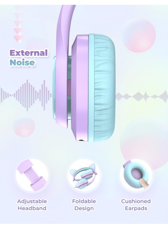 iClever Kids Headphones with Cat Ear Led Light Up, Safe Volume Limite Kids Wired Headphones, FunShare Foldable Over-Ear Headphones for Kids/School/iPad/Tablet/Travel, Meow Donut-Light Purple - Image 4