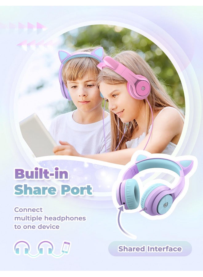 iClever Kids Headphones with Cat Ear Led Light Up, Safe Volume Limite Kids Wired Headphones, FunShare Foldable Over-Ear Headphones for Kids/School/iPad/Tablet/Travel, Meow Donut-Light Purple - Image 2