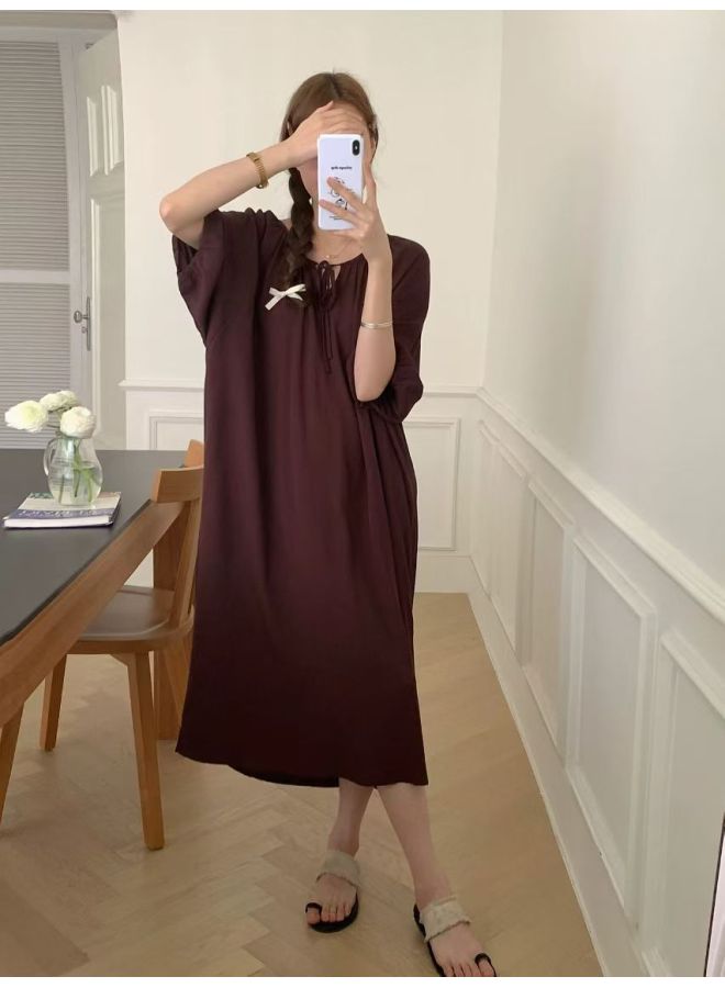New Cotton Silk Nightgown For Women, High-end Printed Short-sleeved Long Dress, Large Size, Thin Style, Can Be Worn Outside As Loungewear