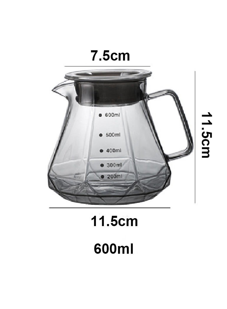 فولانري وعاء قهوة زجاجي V60، صانع قهوة 600 مل، إبريق شاي على شكل ماسي، وعاء زجاجي لصب القهوة مع غطاء لصانعي القهوة بالتنقيط، وعاء تقديم قهوة زجاجي V60، قطارة قهوة، مثالي لتحضير وتقديم القهوة  - Image 5