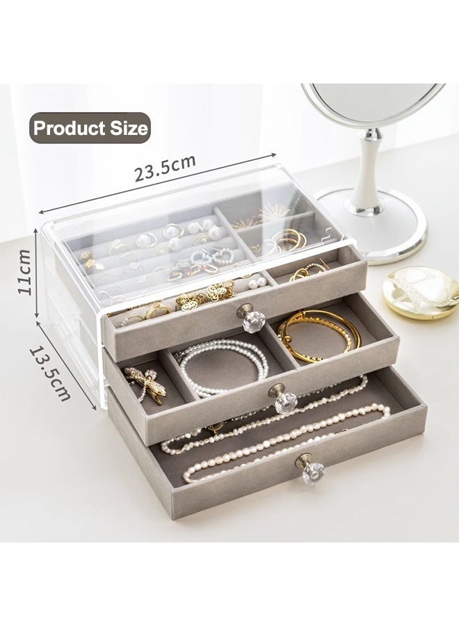 GNAFOTU Jewelry Organizer Box with 3 Drawers, Earring Jewelry Organizer Clear Jewelry Box for Women, Crystal Handle Velvet Jewelry Display Case for Earring, Rings, Necklace Display Holde - Image 5