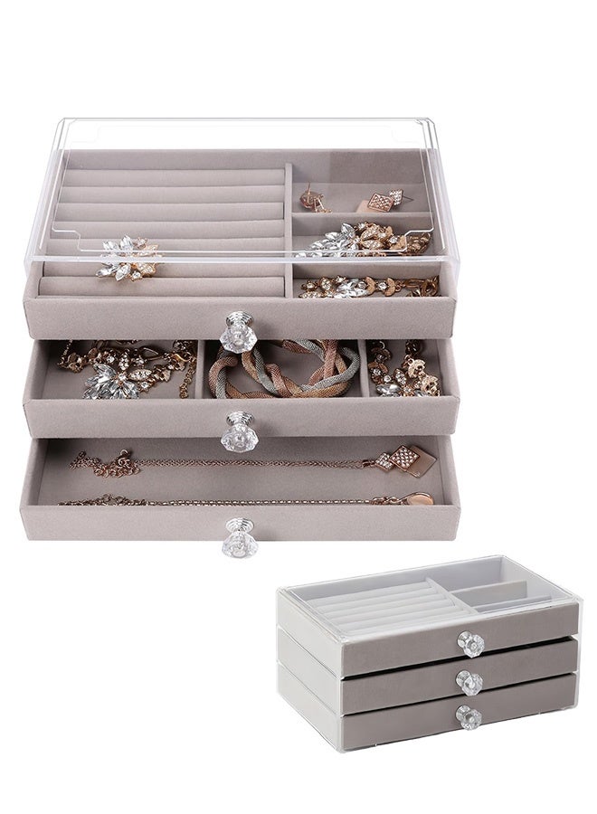 GNAFOTU Jewelry Organizer Box with 3 Drawers, Earring Jewelry Organizer Clear Jewelry Box for Women, Crystal Handle Velvet Jewelry Display Case for Earring, Rings, Necklace Display Holde - Image 1