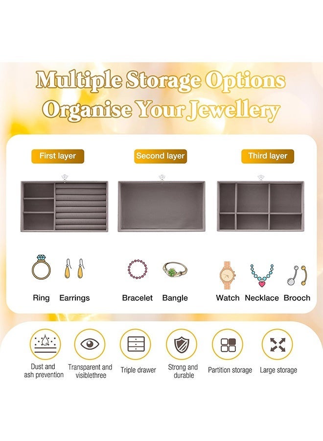 GNAFOTU Jewelry Organizer Box with 3 Drawers, Earring Jewelry Organizer Clear Jewelry Box for Women, Crystal Handle Velvet Jewelry Display Case for Earring, Rings, Necklace Display Holde - Image 4
