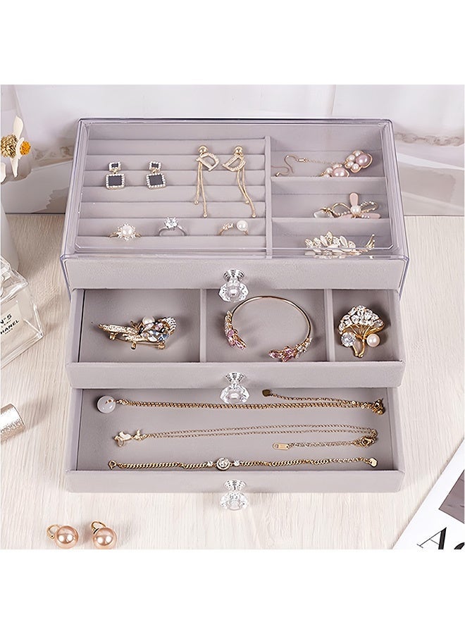 GNAFOTU Jewelry Organizer Box with 3 Drawers, Earring Jewelry Organizer Clear Jewelry Box for Women, Crystal Handle Velvet Jewelry Display Case for Earring, Rings, Necklace Display Holde - Image 3
