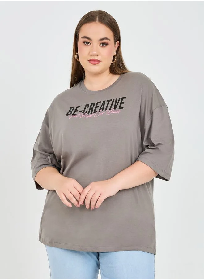 ستايلي Oversized Embroidered Slogan Drop Shoulder T-Shirt