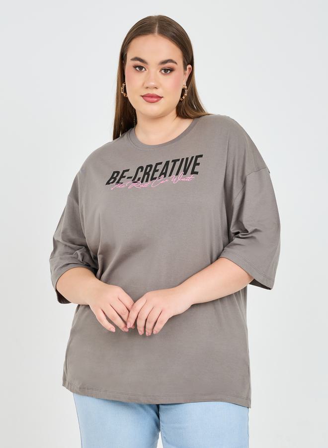 Styli Oversized Embroidered Slogan Drop Shoulder T-Shirt  - Image 1