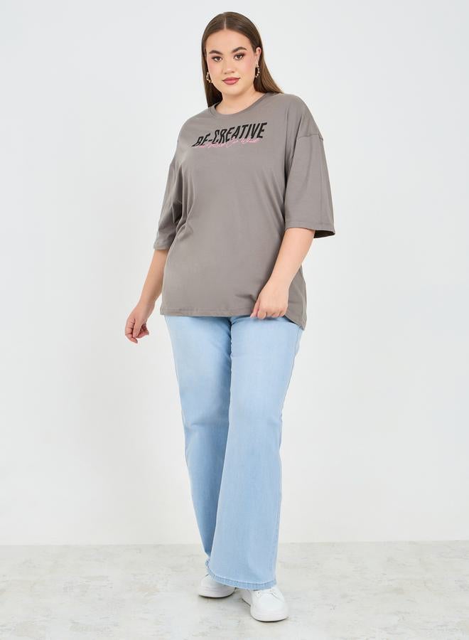 Styli Oversized Embroidered Slogan Drop Shoulder T-Shirt  - Image 2