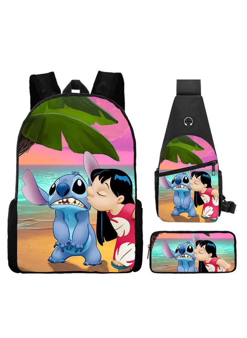 general 3-Piece Cartoon Stitch 3D Print Backpack Set - Image 1
