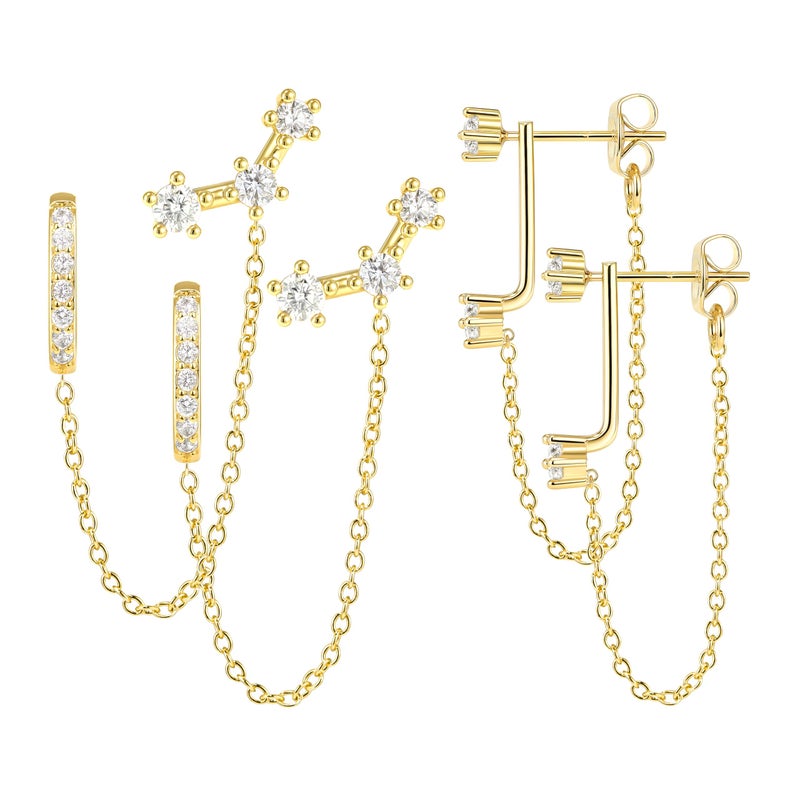 Poxtex Gold Chain Earrings for Women Stud Huggie Hoop Jacket Dangle Earrings, Double Piercing Trendy Jewelry Gifts - Image 1