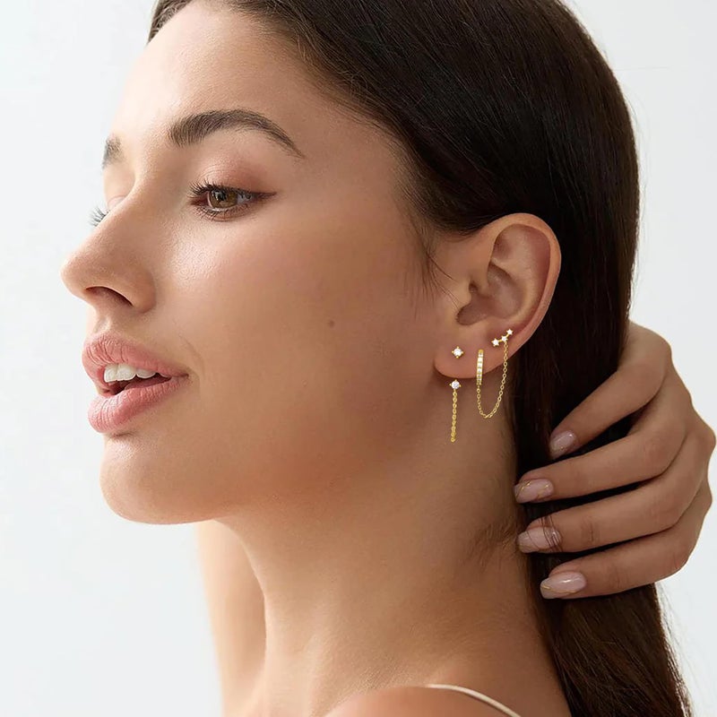 Poxtex Gold Chain Earrings for Women Stud Huggie Hoop Jacket Dangle Earrings, Double Piercing Trendy Jewelry Gifts - Image 4