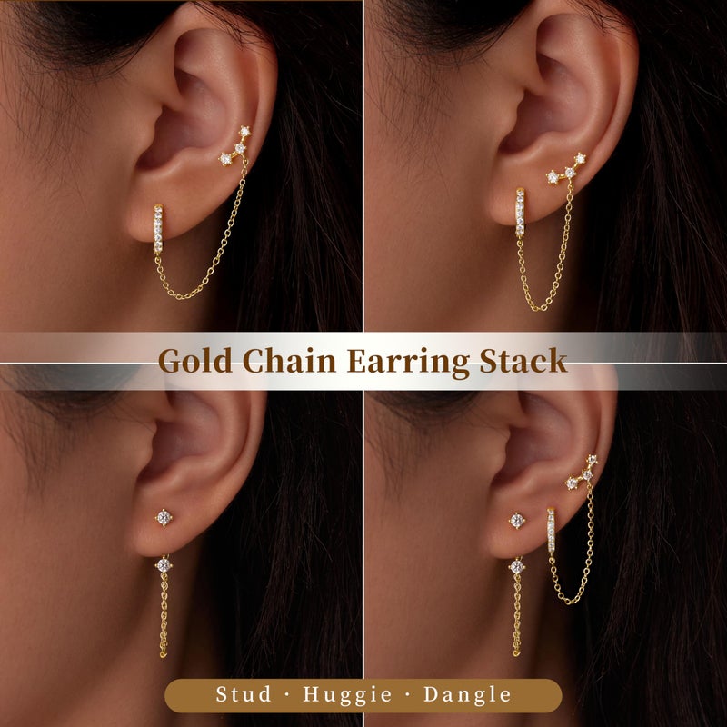 Poxtex Gold Chain Earrings for Women Stud Huggie Hoop Jacket Dangle Earrings, Double Piercing Trendy Jewelry Gifts - Image 5