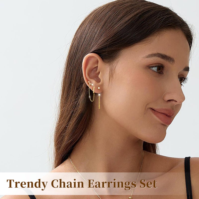 Poxtex Gold Chain Earrings for Women Stud Huggie Hoop Jacket Dangle Earrings, Double Piercing Trendy Jewelry Gifts - Image 3