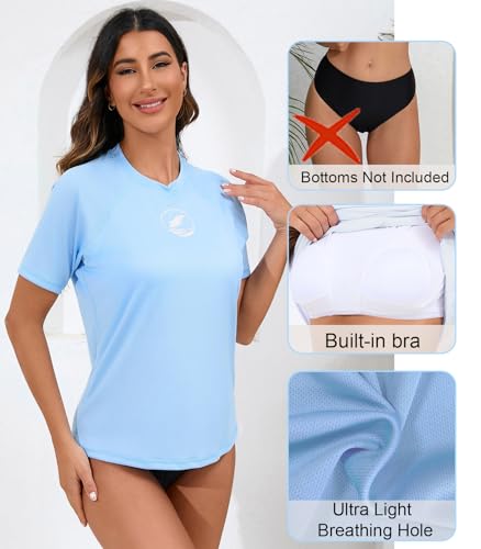 Halcurt Women's Short Sleeve Rash Guard Swim Shirt with Built in Bra UPF50+ Lightweight Quick Dry Swimsuit Top Sky Blue M - Image 5