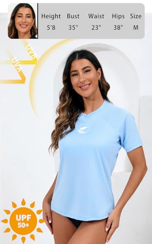 Halcurt Women's Short Sleeve Rash Guard Swim Shirt with Built in Bra UPF50+ Lightweight Quick Dry Swimsuit Top Sky Blue M - Image 4