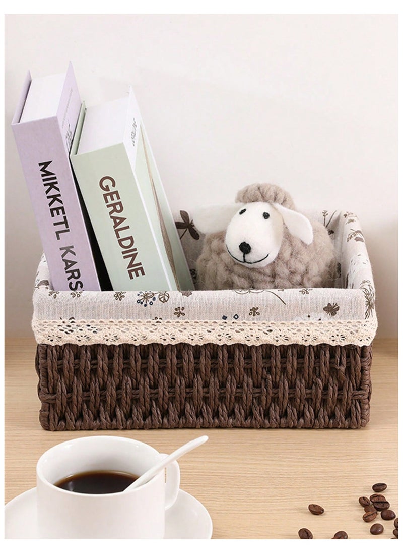Cozy Nest - Set of 3 Eco-Friendly Handwoven Storage Baskets – Durable Rectangular Woven Bins with Sturdy Plastic Frame, Removable Fabric Lining, Decorative Macrame Design for Sundries, Toys, Books, Toiletries, and Elegant Home Organization - Brown - Image 1