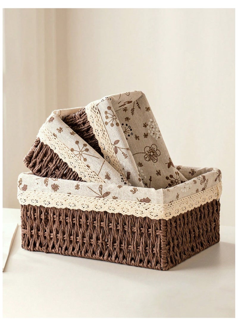 Cozy Nest - Set of 3 Eco-Friendly Handwoven Storage Baskets – Durable Rectangular Woven Bins with Sturdy Plastic Frame, Removable Fabric Lining, Decorative Macrame Design for Sundries, Toys, Books, Toiletries, and Elegant Home Organization - Brown - Image 1