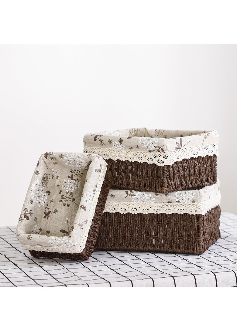 Cozy Nest - Set of 3 Eco-Friendly Handwoven Storage Baskets – Durable Rectangular Woven Bins with Sturdy Plastic Frame, Removable Fabric Lining, Decorative Macrame Design for Sundries, Toys, Books, Toiletries, and Elegant Home Organization - Brown - Image 1