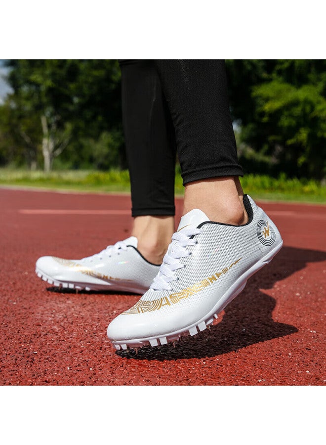 shuangxing Double Star Spike Shoes, Track And Field Shoes, Middle And Short-distance Running Shoes, For Men And Women Students, Middle School Entrance Exam, Physical Test, Level 3 Long Jump Compeion, Specialized Running Training Shoes, 95020 020 Leather Surface - White And Gold - Image 5