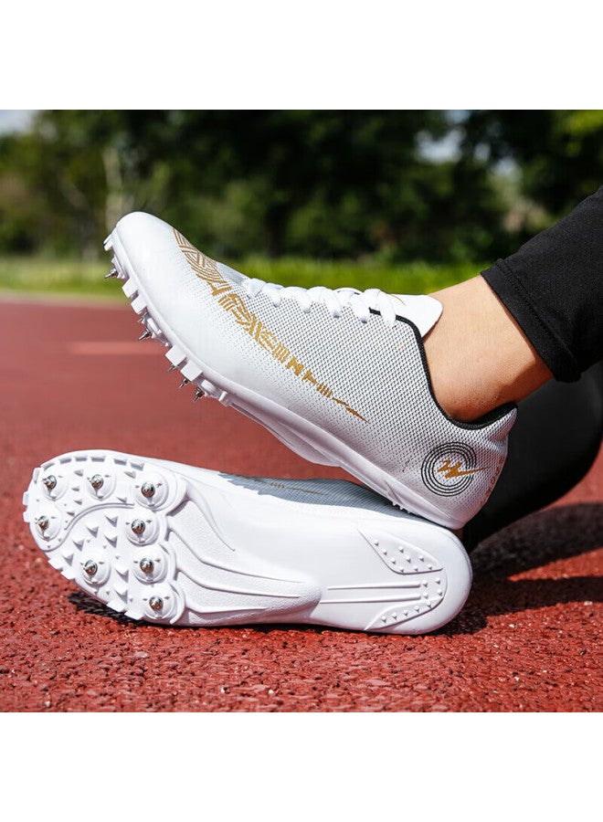 shuangxing Double Star Spike Shoes, Track And Field Shoes, Middle And Short-distance Running Shoes, For Men And Women Students, Middle School Entrance Exam, Physical Test, Level 3 Long Jump Compeion, Specialized Running Training Shoes, 95020 020 Leather Surface - White And Gold - Image 3