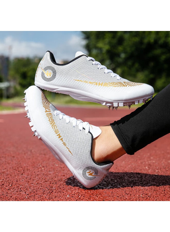 shuangxing Double Star Spike Shoes, Track And Field Shoes, Middle And Short-distance Running Shoes, For Men And Women Students, Middle School Entrance Exam, Physical Test, Level 3 Long Jump Compeion, Specialized Running Training Shoes, 95020 020 Leather Surface - White And Gold - Image 2