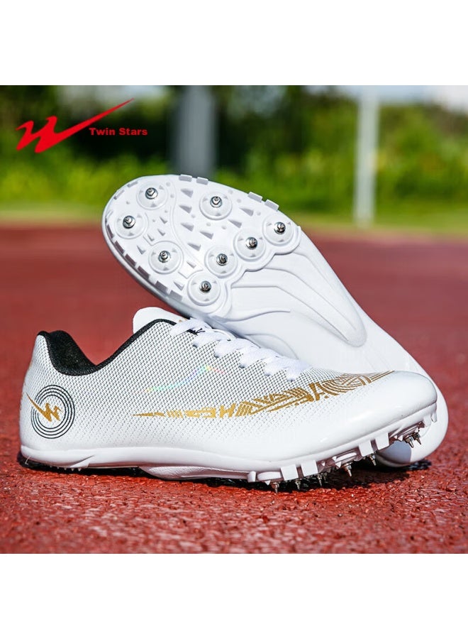 shuangxing Double Star Spike Shoes, Track And Field Shoes, Middle And Short-distance Running Shoes, For Men And Women Students, Middle School Entrance Exam, Physical Test, Level 3 Long Jump Compeion, Specialized Running Training Shoes, 95020 020 Leather Surface - White And Gold - Image 1