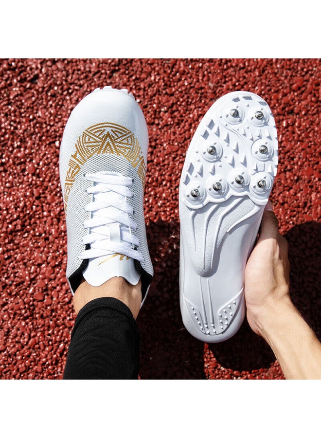 shuangxing Double Star Spike Shoes, Track And Field Shoes, Middle And Short-distance Running Shoes, For Men And Women Students, Middle School Entrance Exam, Physical Test, Level 3 Long Jump Compeion, Specialized Running Training Shoes, 95020 020 Leather Surface - White And Gold - Image 4