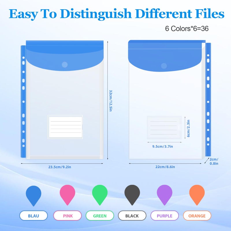 Surcotto 36 Pack Binder Folders with Pockets 11 Holes Expandable Dividers for 2/3/4 Ring Document Pouch with Snap Button & Label Loose-Leaf Transparent Binder Organizer for School Home Office - Image 3