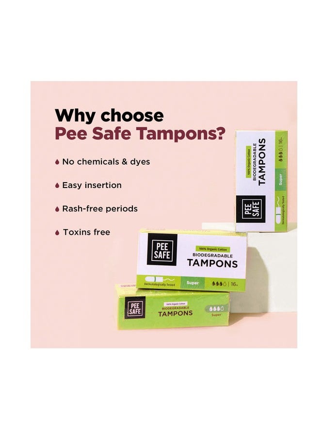 PEESAFE Organic Cotton Tampons - Medim To Heavy Flow Super Size 16 Pcs  - Image 4