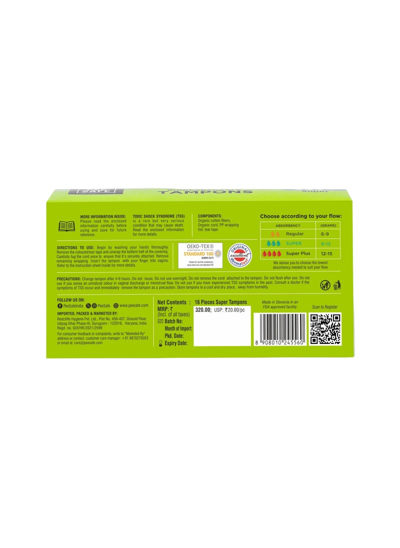 PEESAFE Organic Cotton Tampons - Medim To Heavy Flow Super Size 16 Pcs  - Image 2