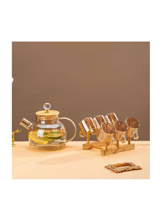 Gold Glass Pitcher Set with Wooden Lid Orange Glass Pitcher Set for Drinks, Juice, Water, Soda with Rack and Cups - Image 1