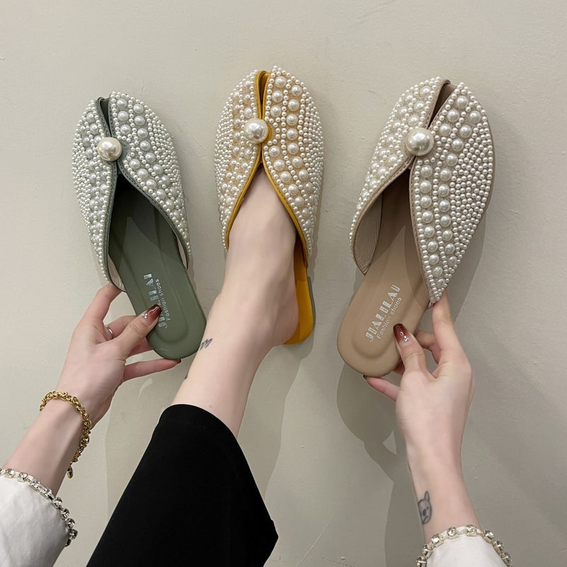 Baotou Half-Slippers for Women, Summer 2026 New Korean Style Pearl Fairy Style Flat Soft-Soled Lazy Sandals - Image 5
