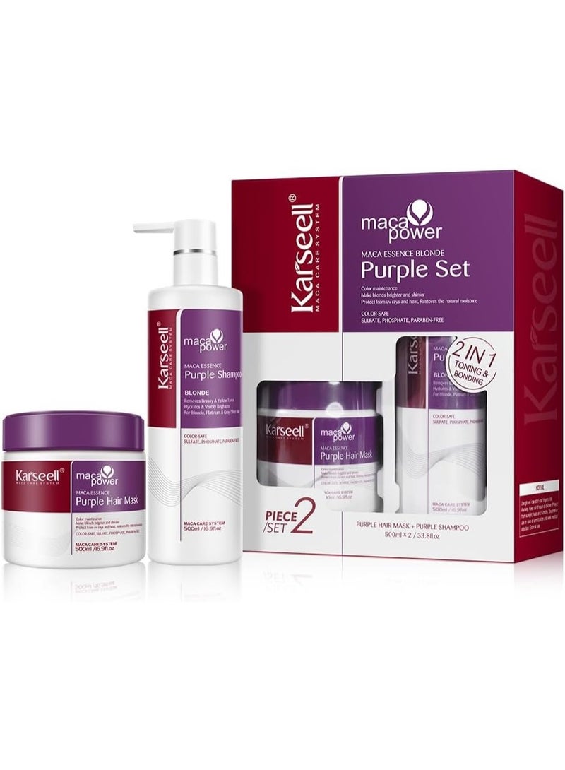 Karseell Maca Power Purple Hair Mask and Purple Shampoo Set, Neutralizes Brass & Yellow Tones for Blonde, Gray, Silver Color Treated Hair, 2 X 16.9flo - Image 1