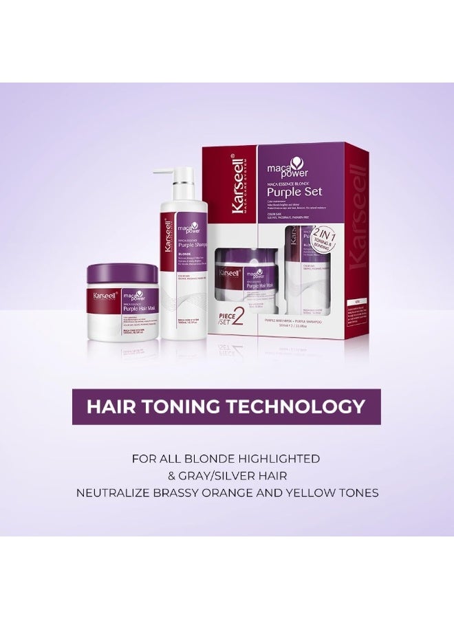 Karseell Maca Power Purple Hair Mask and Purple Shampoo Set, Neutralizes Brass & Yellow Tones for Blonde, Gray, Silver Color Treated Hair, 2 X 16.9flo - Image 3