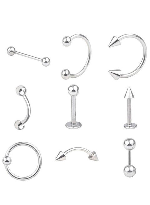 9 Piece Different Body Piercing Jewelry for All Piercings, Stainless Steel Ring Tongue Eyebrow Lip Belly Button Nose Body Piercing Earrings Jewelry Set