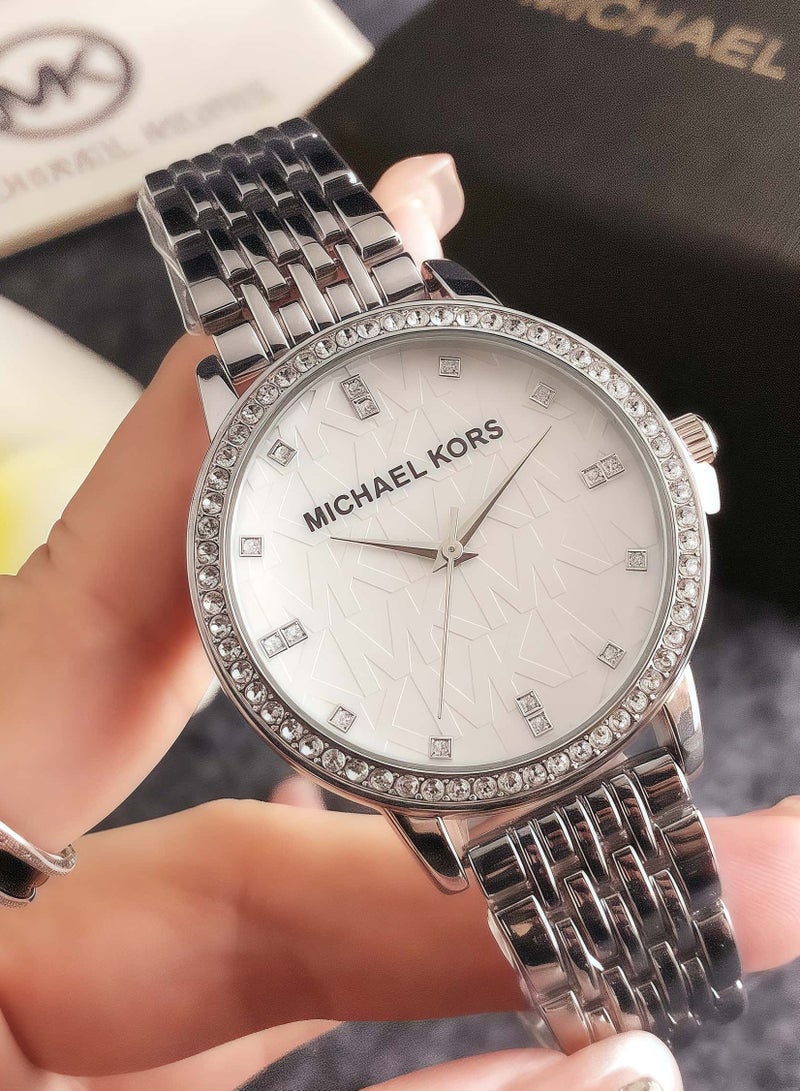 MK Michael Kors MK Classic Men's and Women's Fashion Multi functional Alloy Round Quartz Watch Stainless Steel Strap 35CM