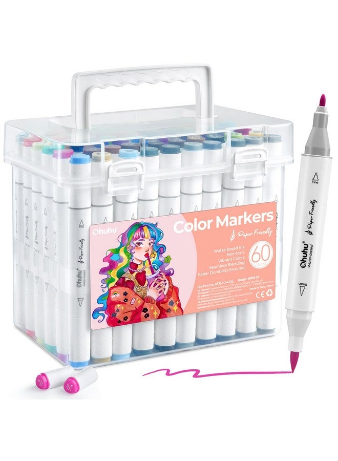 Ohuhu Markers Paper-friendly No Peeling Water-based 60 Colors Dual Brush Fine Tips Coloring Markers for Adult Coloring Books No Bleeding Drawing Pens for Kids Adults Beginner Calligraphy - Image 1