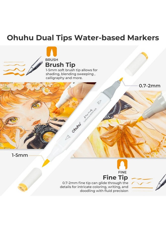 Ohuhu Markers Paper-friendly No Peeling Water-based 60 Colors Dual Brush Fine Tips Coloring Markers for Adult Coloring Books No Bleeding Drawing Pens for Kids Adults Beginner Calligraphy - Image 4
