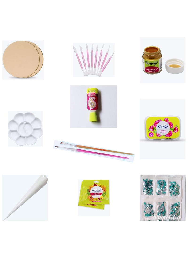 E Shopping E Shopping 10 in1 Lippan Art & Craft DIY Materials Kit for artist . Kit Include 8 inch MDF Board 2pc ,Mirror 8 pk different shapes and sizes ( Total 800pc),Clay Tool 8pc set, fevicryl Mould It Clay 2pk,Ceramic Cone 2,Fabric Glue, fevicryl Acrylic color set of 6 shade + Golden,Silver acrylic color,Paint Brush 2pc,Color Plate.  - Image 1