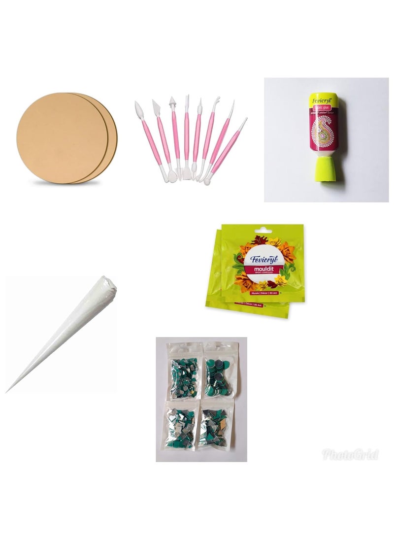 E Shopping E Shopping 10 in1 Lippan Art & Craft DIY Materials Kit for artist . Kit Include 8 inch MDF Board 2pc ,Mirror 8 pk different shapes and sizes ( Total 800pc),Clay Tool 8pc set, fevicryl Mould It Clay 2pk,Ceramic Cone 2,Fabric Glue, fevicryl Acrylic color set of 6 shade + Golden,Silver acrylic color,Paint Brush 2pc,Color Plate.  - Image 3