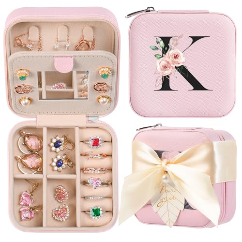 AYGXU birthday gifts for women,Small Jewelry Box for Girls,Jewelry Box,Small Jewelry Organizer Box,Necklace Earrings Ring Organizer,Travel Gifts for Women Travel Essentials,Initial K pink - Image 1
