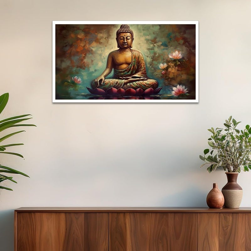 DEKORSTATION Meditating Buddha with Lotus Flower Religious Canvas Painting for Living Room Wall Decoration|Lord Budha Painting for Office Décor|Gautam Budha Wall Painting|Size: 12x24 Inch (FF_836DS) - Image 5